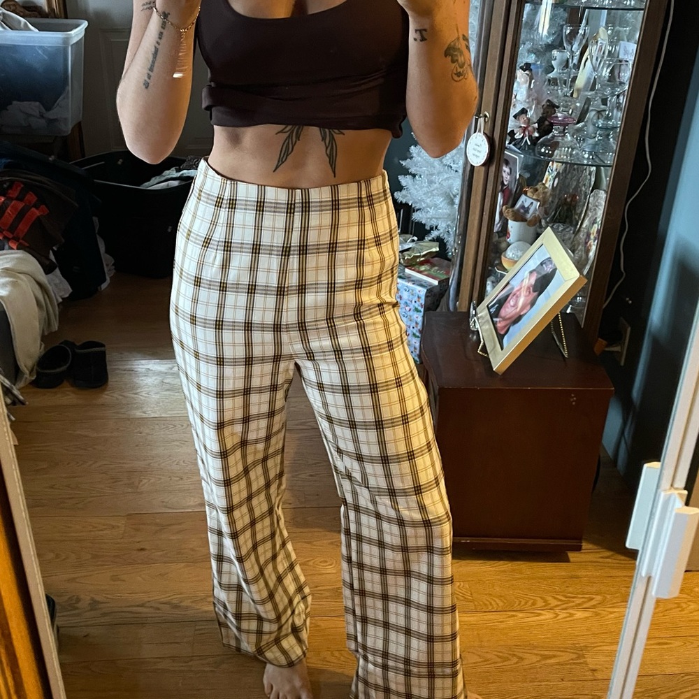 Princess Polly Cream Plaid Wide Leg Pants